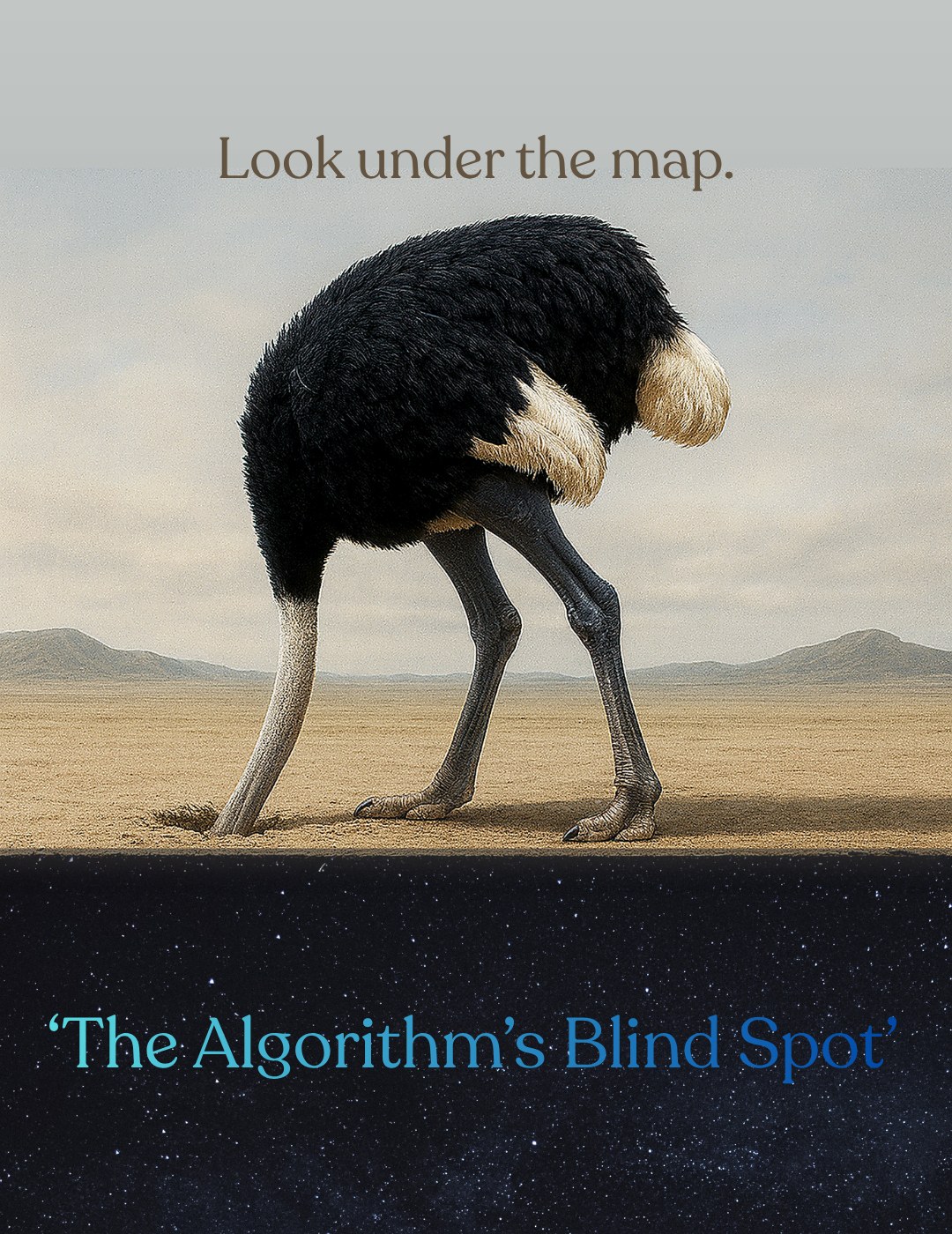 An ostrich with its head down, looking under the map, dissolving into a starfield