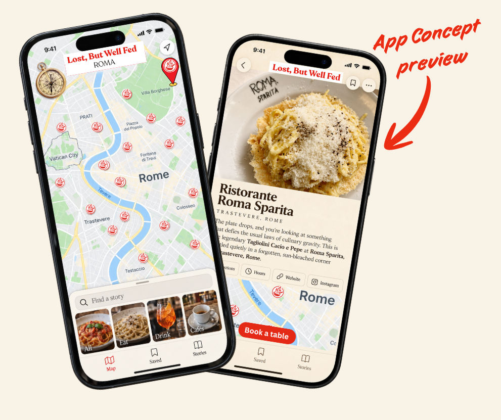 App concept preview: a map of Rome with curated pins, and a venue detail screen for Ristorante Roma Sparita